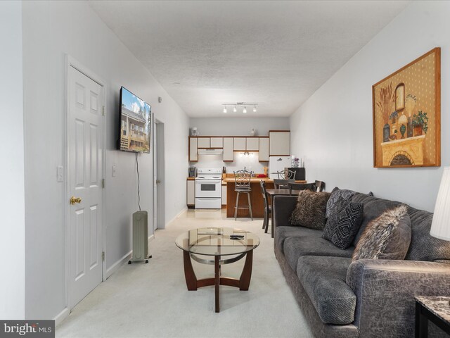 living room featuring light carpet, a textured ceiling, built in desk, and sink