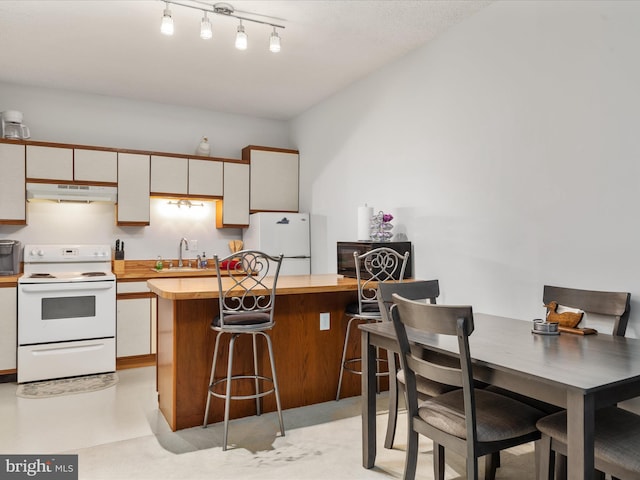 kitchen with sink, white appliances, and white cabinetry