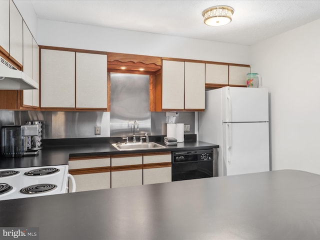 kitchen featuring white appliances, white cabinets, and sink