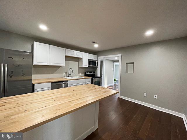 kitchen featuring butcher block counters, sink, dark hardwood / wood-style floors, white cabinets, and appliances with stainless steel finishes