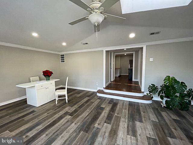 home office featuring crown molding and dark wood-type flooring