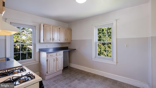 kitchen with white range with gas cooktop, plenty of natural light, and exhaust hood