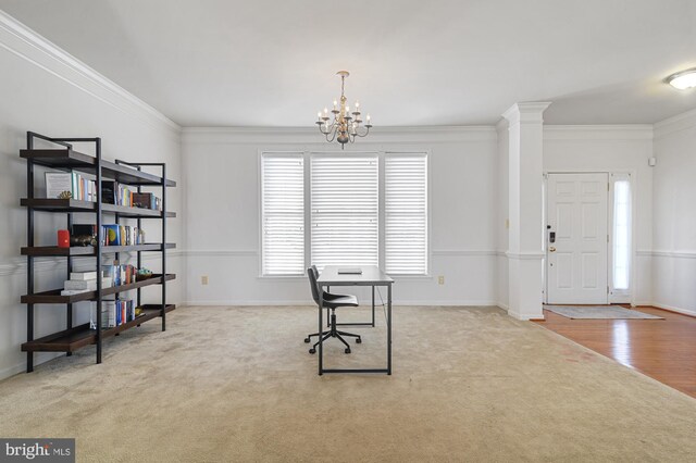 carpeted home office with crown molding and a notable chandelier