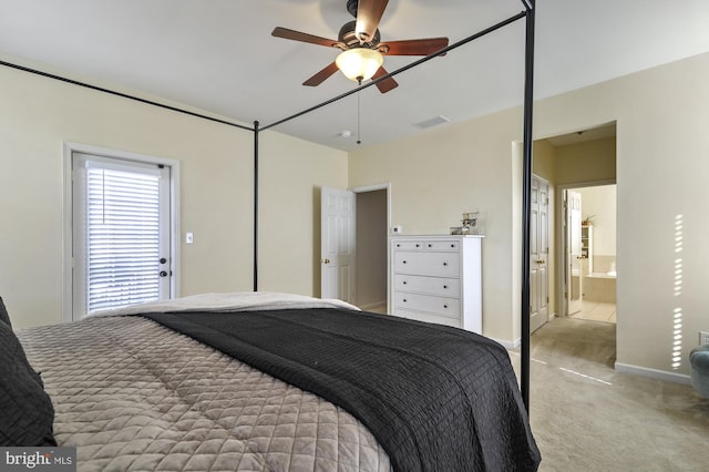 bedroom with light carpet and ceiling fan