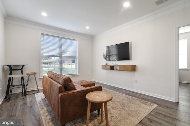 living room with crown molding and dark wood-type flooring