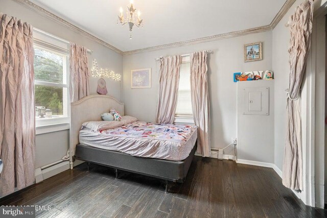 bedroom with a notable chandelier, ornamental molding, dark hardwood / wood-style flooring, and a baseboard radiator