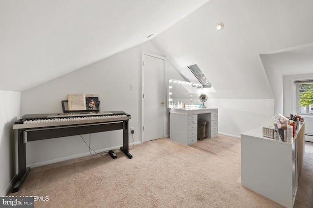 miscellaneous room featuring vaulted ceiling and light colored carpet