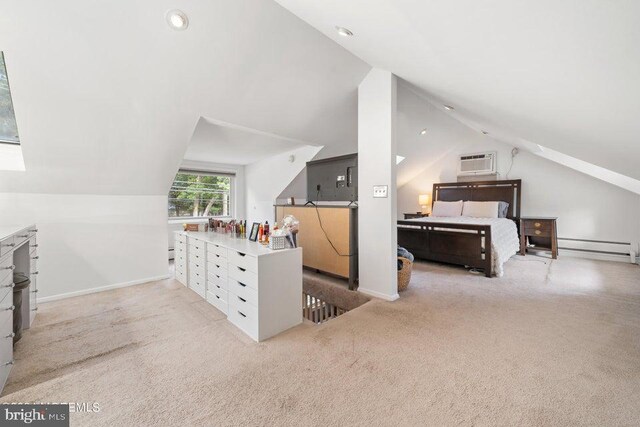 additional living space with lofted ceiling, a wall unit AC, a baseboard radiator, and light carpet