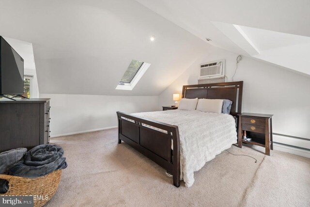 bedroom featuring an AC wall unit, light colored carpet, a baseboard radiator, and lofted ceiling with skylight