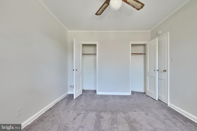 unfurnished bedroom with light carpet, ornamental molding, and ceiling fan