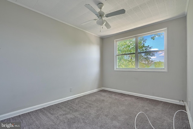 empty room featuring a textured ceiling, ceiling fan, and carpet flooring