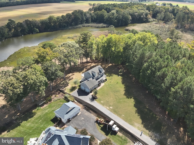 bird's eye view with a water view