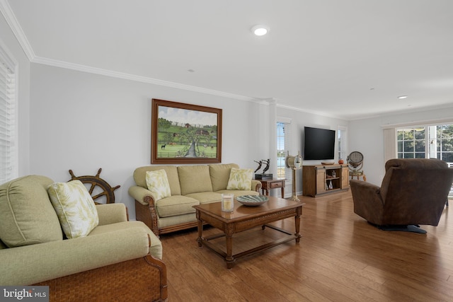 living room with ornamental molding and hardwood / wood-style flooring