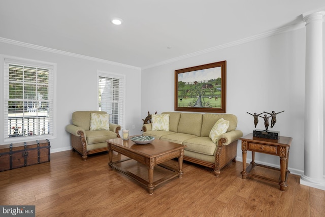 living room with wood-type flooring, crown molding, and decorative columns