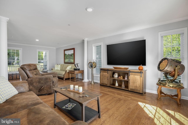 living room featuring light hardwood / wood-style flooring, crown molding, and decorative columns