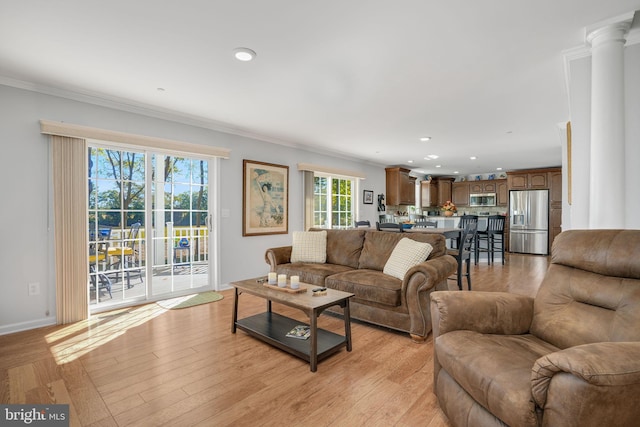 living room featuring crown molding, decorative columns, and light wood-type flooring