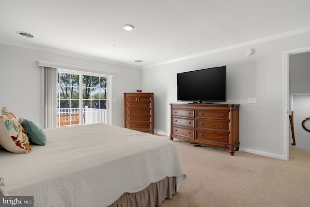 bedroom featuring access to outside, light carpet, and ornamental molding