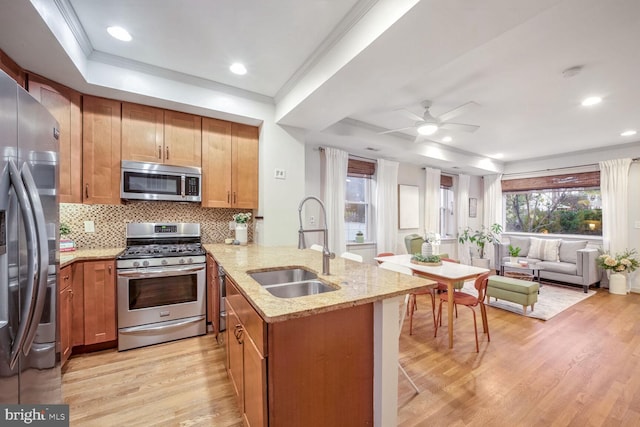 kitchen with kitchen peninsula, appliances with stainless steel finishes, sink, and light hardwood / wood-style flooring