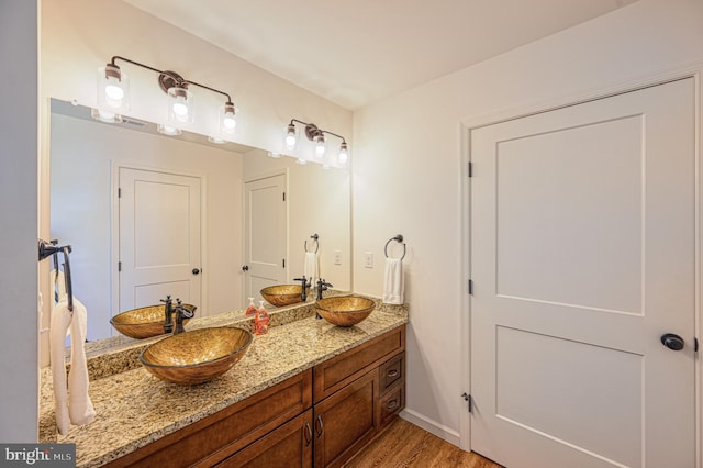 bathroom with vanity and wood-type flooring