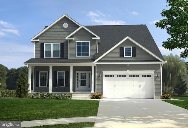 view of front of property with a garage, a front lawn, and covered porch