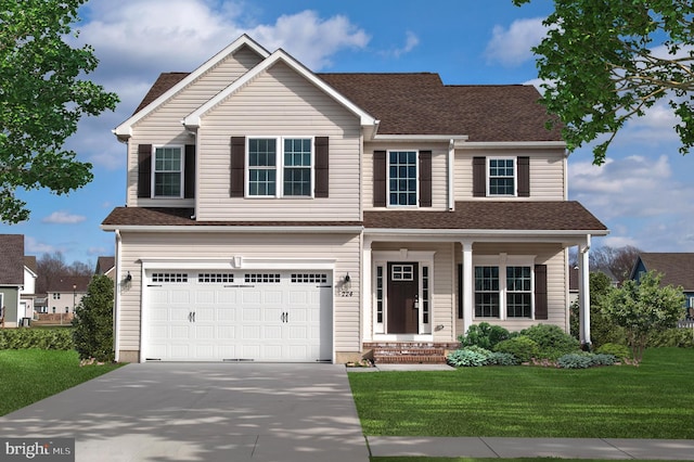 view of front of home with a garage and a front lawn