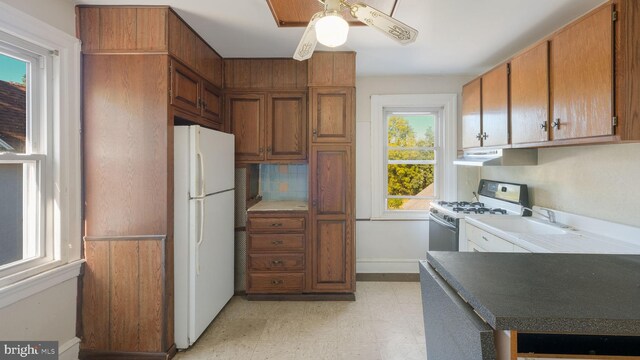 kitchen with a wealth of natural light, ceiling fan, white appliances, and sink