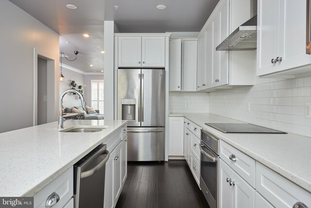 kitchen with wall chimney exhaust hood, dark hardwood / wood-style floors, appliances with stainless steel finishes, and white cabinetry