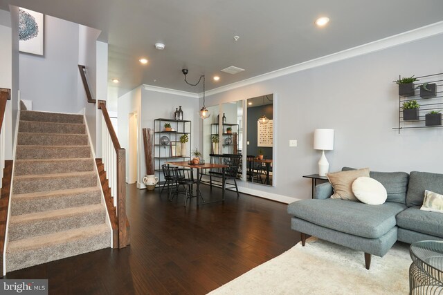 living room featuring dark wood-type flooring and crown molding