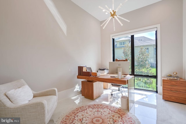 tiled home office featuring a notable chandelier