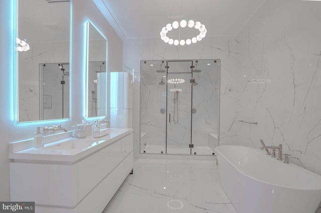 bathroom featuring vanity, crown molding, and separate shower and tub