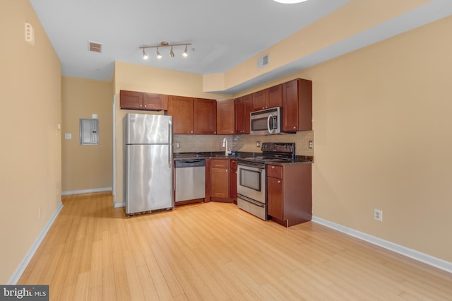 kitchen with sink, light wood-type flooring, electric panel, appliances with stainless steel finishes, and tasteful backsplash