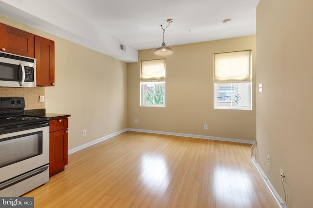 kitchen featuring light hardwood / wood-style floors, a healthy amount of sunlight, appliances with stainless steel finishes, and decorative light fixtures