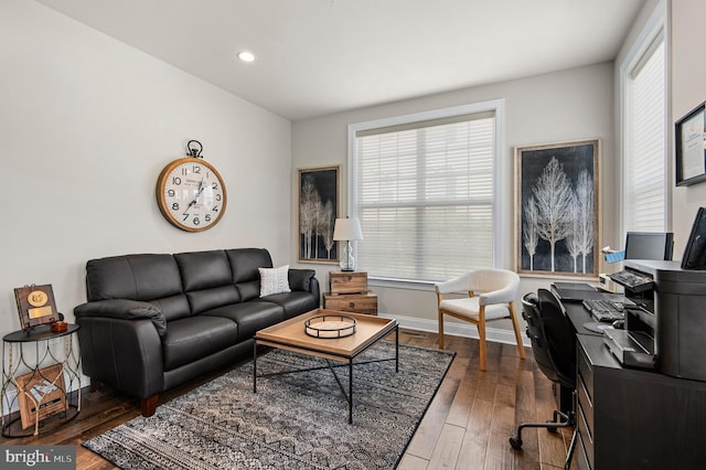 living room featuring dark wood-type flooring