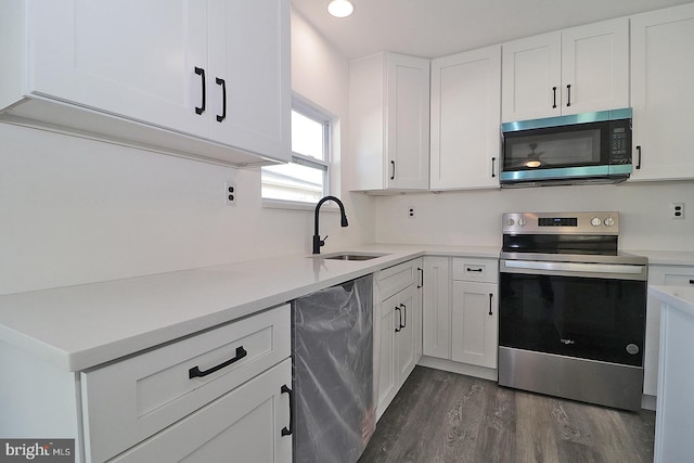 kitchen featuring white cabinets, stainless steel appliances, a sink, and light countertops