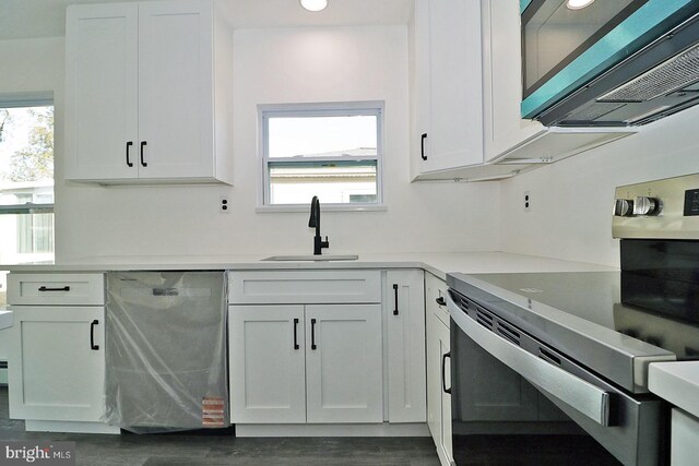 kitchen with a sink, white cabinets, light countertops, stainless steel electric stove, and dishwasher