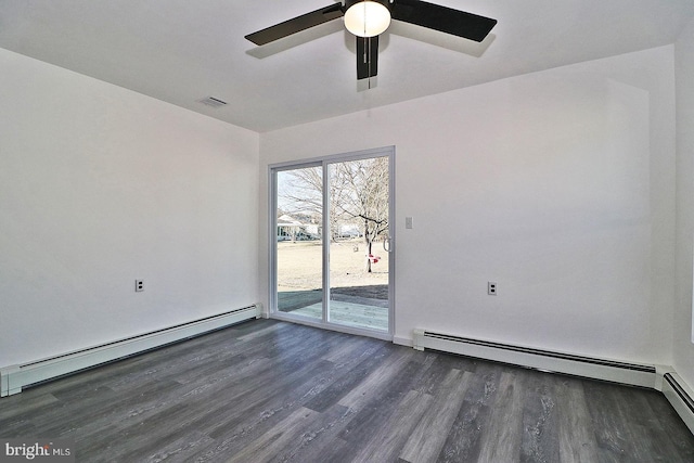 empty room featuring ceiling fan, visible vents, baseboard heating, and dark wood finished floors