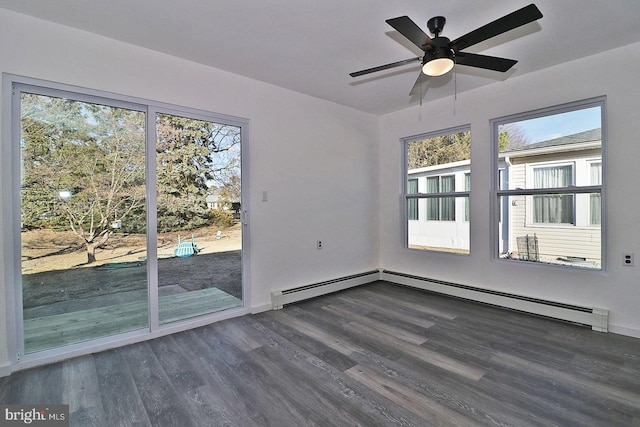 empty room with ceiling fan, baseboards, baseboard heating, and dark wood-style flooring