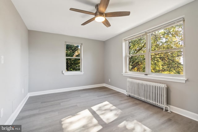 unfurnished room featuring radiator, light hardwood / wood-style floors, and plenty of natural light