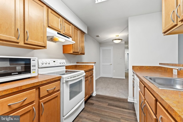 kitchen featuring sink, dark wood-type flooring, and white appliances