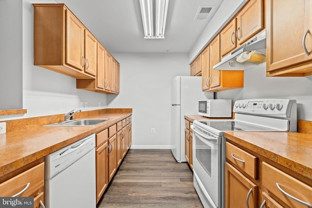 kitchen featuring white appliances, dark hardwood / wood-style flooring, and sink