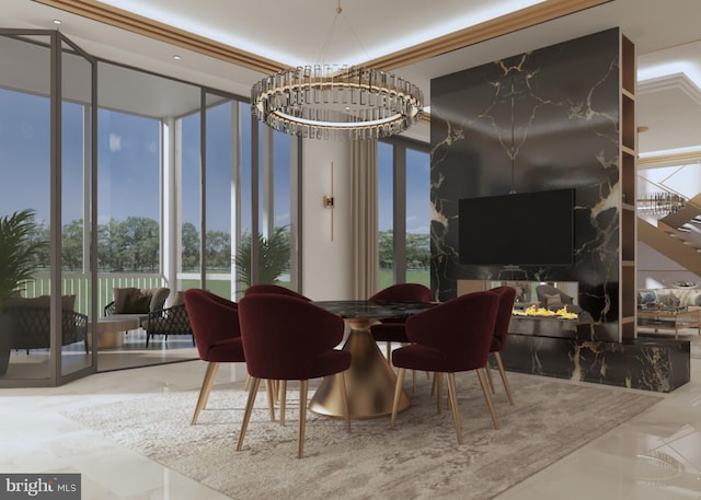 dining room with tile patterned floors and an inviting chandelier