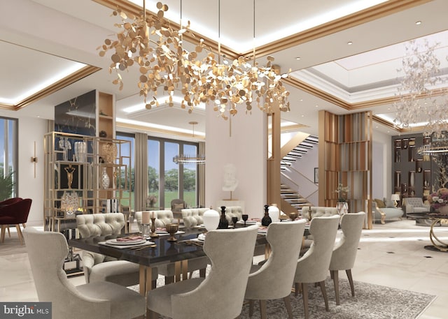 tiled dining space featuring ornamental molding and a tray ceiling