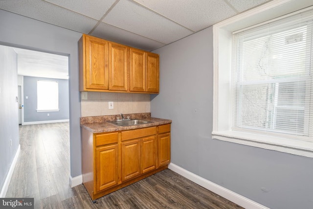 kitchen featuring a paneled ceiling, sink, and dark hardwood / wood-style flooring