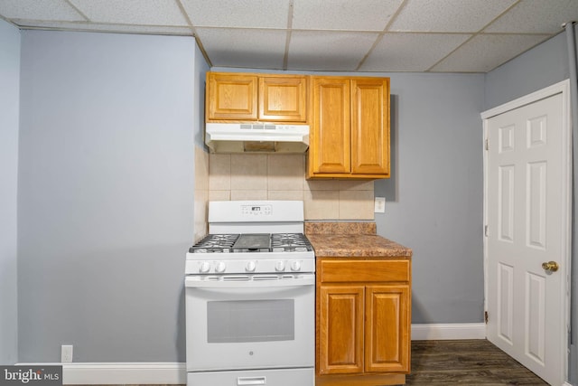 kitchen with tasteful backsplash, white gas range oven, a paneled ceiling, and dark hardwood / wood-style flooring