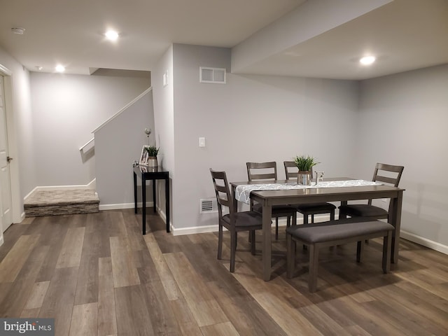 2303 Quarry Rd, Lebanon, PA 17046 - dining room with recessed lighting, visible vents, dark wood finished floors, and stairway