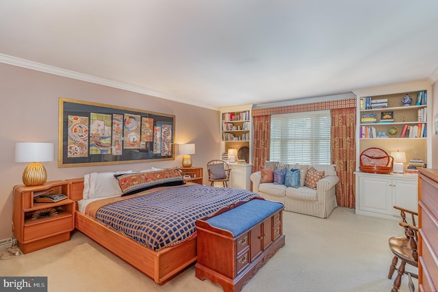 bedroom with crown molding and light colored carpet