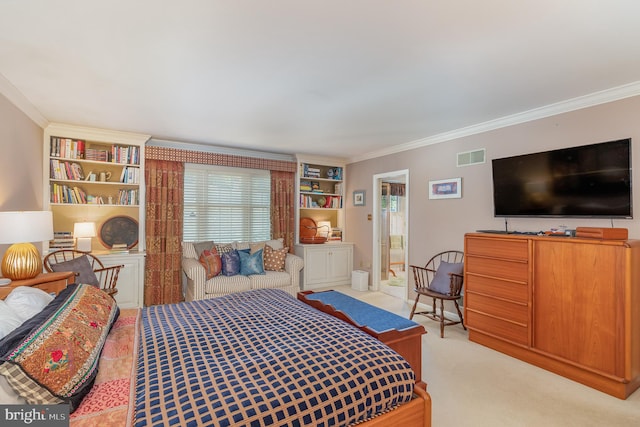 bedroom featuring crown molding and light carpet