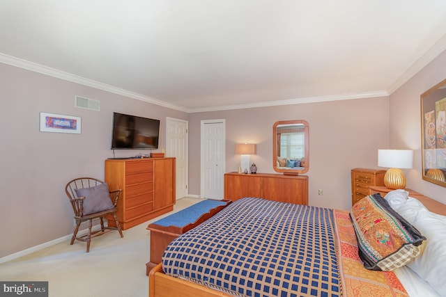 bedroom with light colored carpet, ornamental molding, and a closet