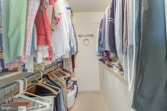 walk in closet with light colored carpet