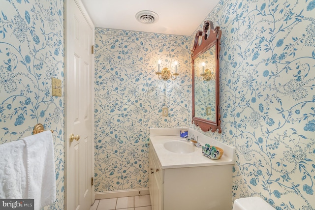 17 Kensington Sq, Mechanicsburg, PA 17050 - bathroom with tile patterned floors, baseboards, visible vents, wallpapered walls, and vanity